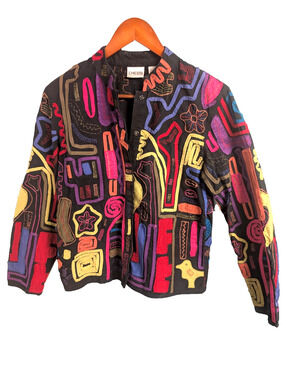 Chico's Colorful Embroidered Jacket Black Sz 0 Bold Statement Pc Fun Party Wear